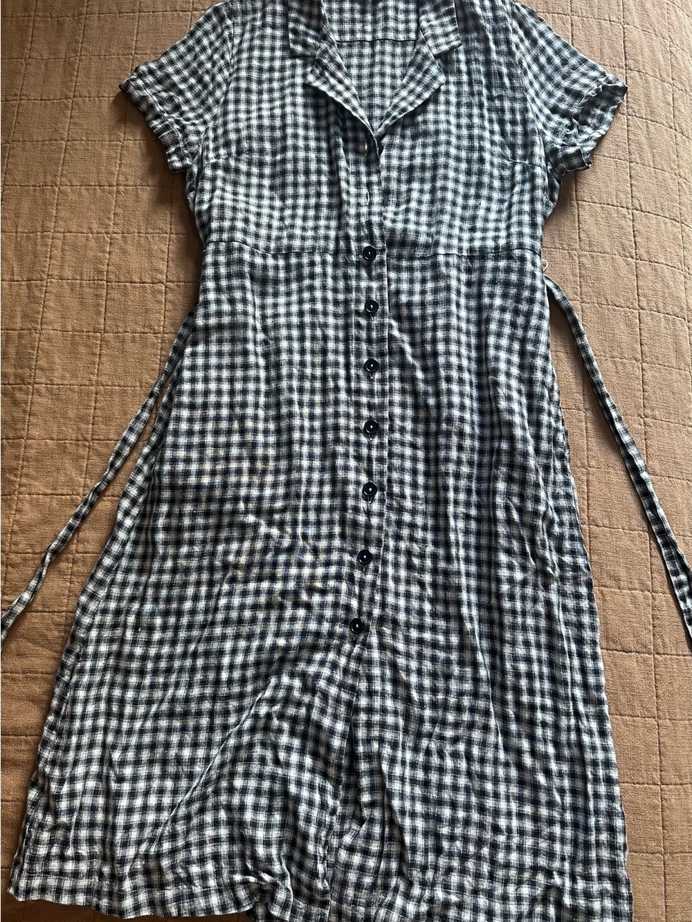 Quince Black and White Checked Button-Front Midi Dress